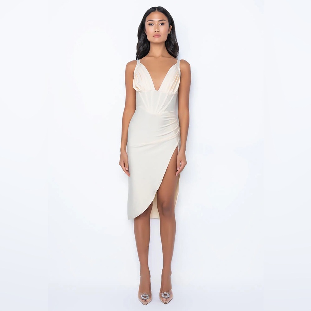 Akira See You Soon Cream Bandage Midi Cocktail Bridal Dress with Slit S